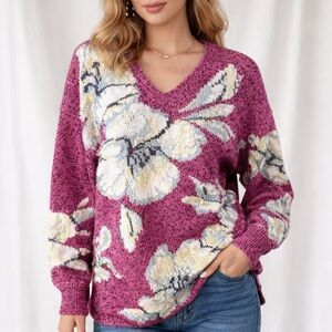 Saks Fifth Avenue Folio Collection Cotton v-neck floral sweater heathered rose‍﻿